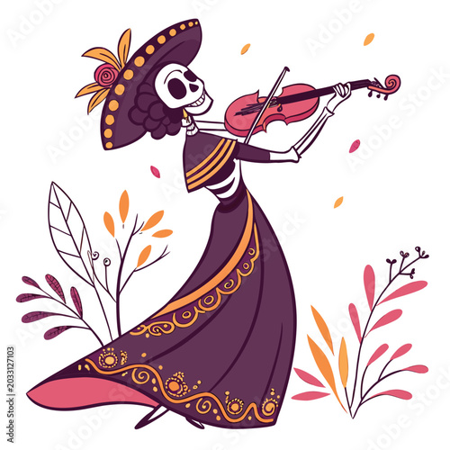 Tableau sur toile Skeletal violinist playing a stringed instrument a vector illustration with flor
