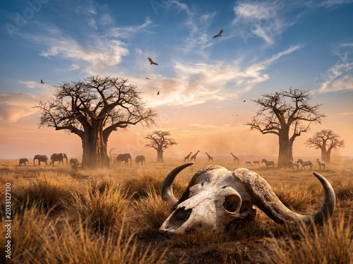 Dramatic African savanna landscape with an animal skull in the foreground and wildlife at sunset.