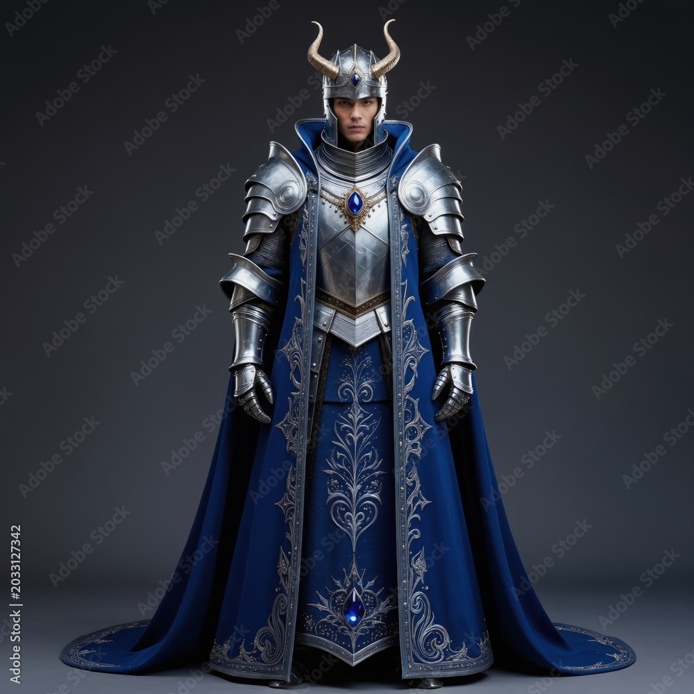 Fototapeta premium Man wears ornate silver armor with horned helmet and blue robe. Regal figure stands looking forward. Fantasy character concept art for game or film.