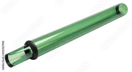 A green cylindrical object with a black ring and a glass tip is shown on a white background