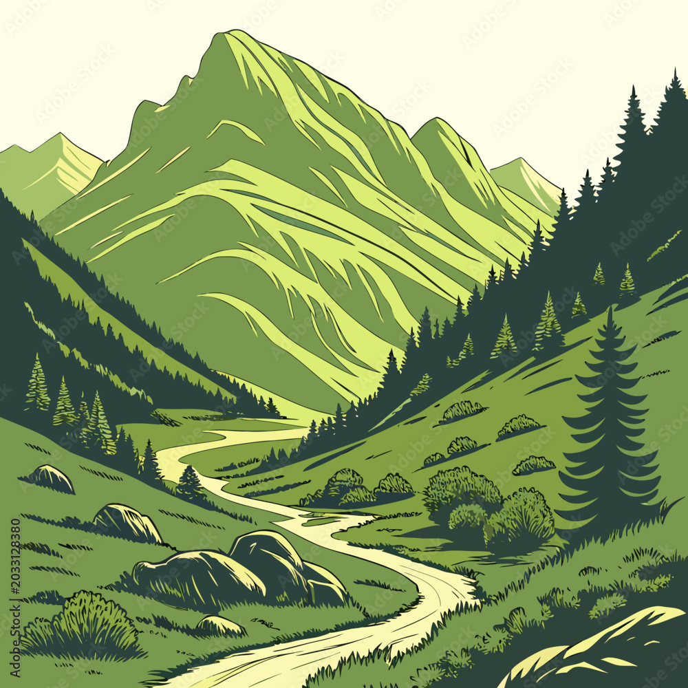 Obraz premium Vibrant green vector landscape depicting mountainous terrain with a winding path and coniferous trees alpine scenery