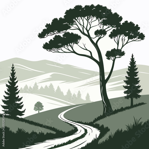 Canvas-taulu Scenic landscape with trees and winding path a detailed vector illustration on a