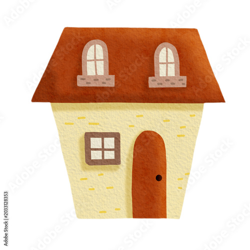 Cute hand-drawn watercolor illustration of a yellow house with a brown roof and dormer windows
