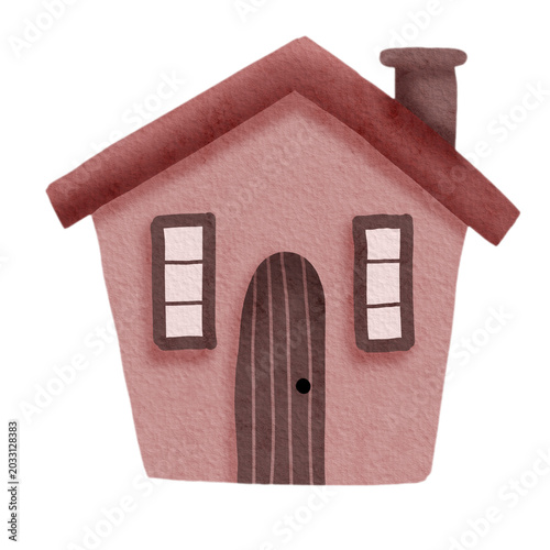 Cute hand-drawn watercolor illustration of a simple pink house
