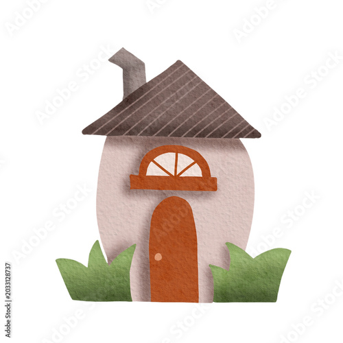 Cute hand-drawn watercolor illustration of a round beige cottage with a brown roof and green grass