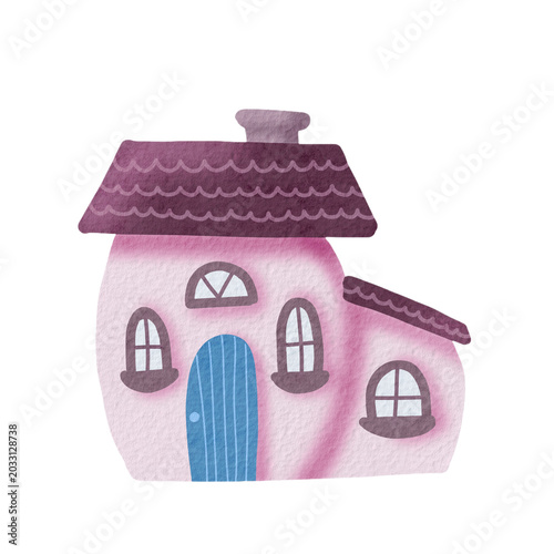 Cute hand-drawn watercolor illustration of a whimsical pink house with a purple roof and blue door