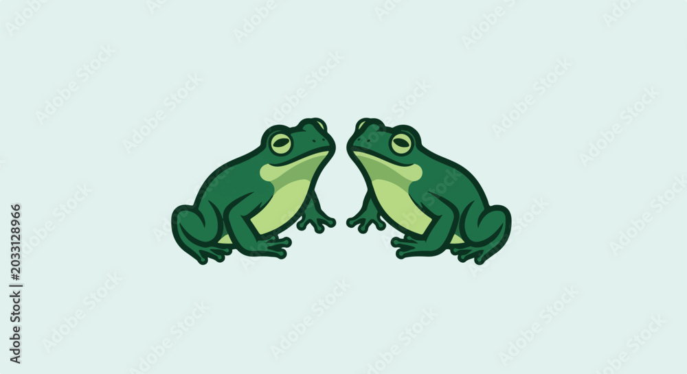 Fototapeta premium Two cartoon green frogs facing each other on a pale blue background