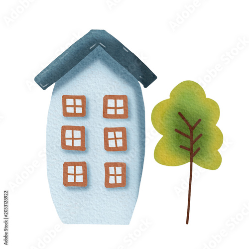 Cute hand-drawn watercolor illustration of a tall blue building and a green tree