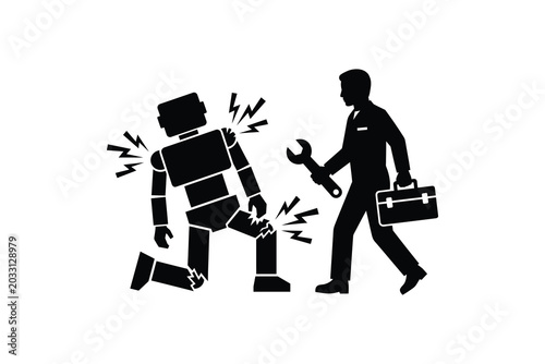 Broken Robot Needing Repair with Engineer Holding Wrench Black and White Silhouette Artwork