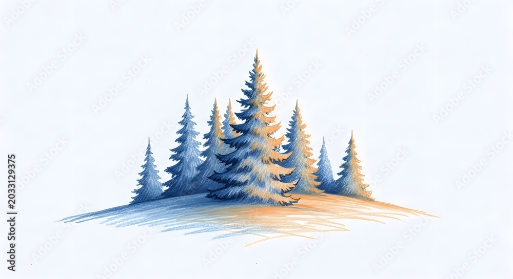 Obraz premium Snowy pine trees bathed in sunlight. Winter forest nature and seasonal landscape concepts. Cluster of evergreen trees standing in a bright snowy field
