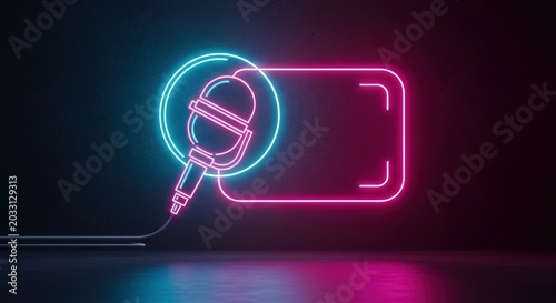 Neon glowing microphone icon with frame for audio content and podcast branding.