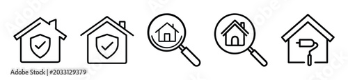 Set of house icons, including home insurance, property search, and home renovation symbols, isolated on white background