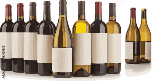 Foto Set of realistic vector wine bottle mockups with blank white labels including red and white wine varieties in dark and clear glass isolated on white background