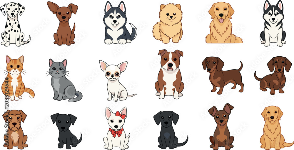 Fototapeta premium Cute Cartoon Dog and Cat Vector Illustration Set Featuring Various Popular Pet Breeds and Cute Animal Characters for Veterinary Children and Nursery Product Designs