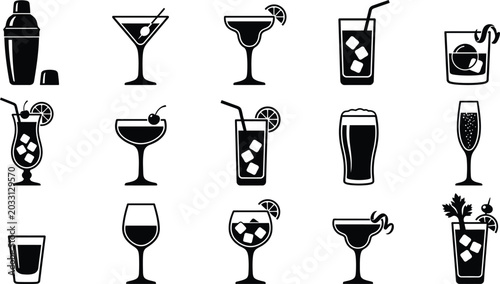 Foto Black and white cocktail assorted drinks and glasses