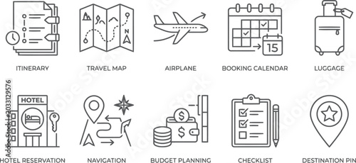 Travel planning icons set: itinerary, map, airplane, calendar, luggage, hotel, navigation, budget, checklist, destination