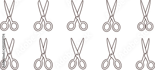 A collection of ten identical outline illustrations of scissors arranged in two rows