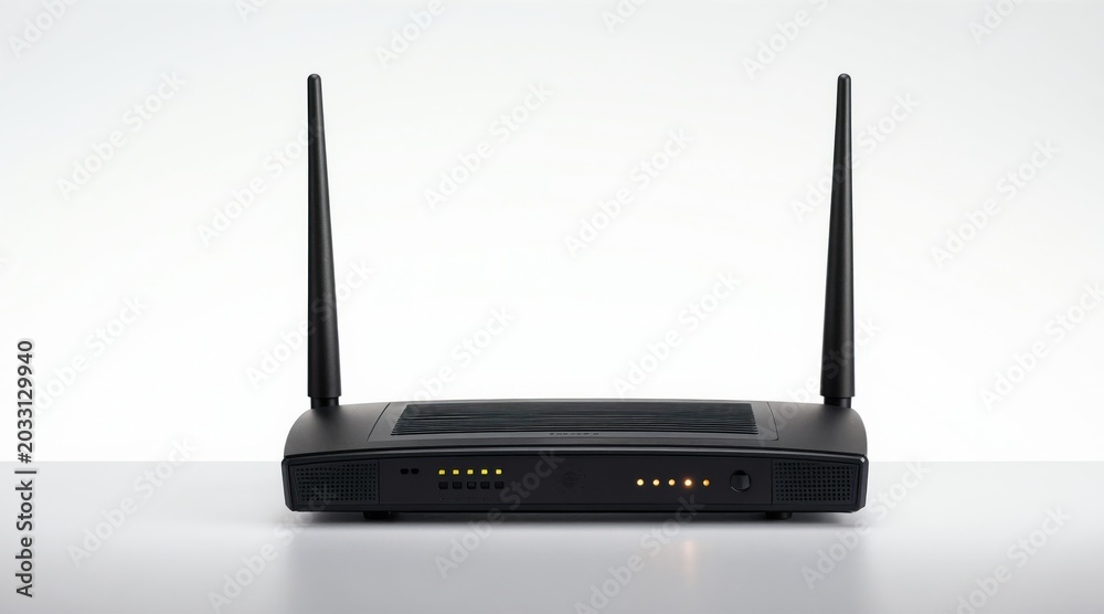 Fototapeta premium Modern black wireless router with two antennas on a white surface. Device has indicator lights and ports for internet connectivity. Provides fast broadband data access.