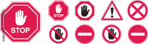 Collection of various red and white international traffic prohibition and warning signs
