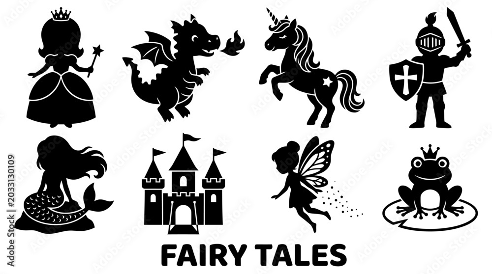 Fototapeta premium Black Silhouettes of Fairy Tale Characters Set Including Princess Dragon Unicorn Knight Mermaid Castle Fairy and Frog Prince Vector Illustration