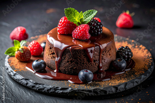 Chocolate dessert composition featuring molten lava cake