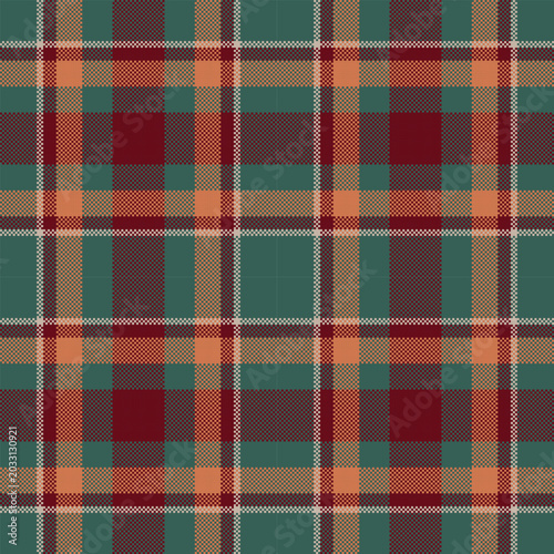 checked fabric texture. A classic seamless tartan plaid pattern featuring harmonious stripes of forest green, deep red, and warm orange. A versatile design perfect for autumn fashion.