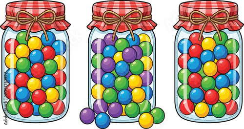 Obraz na płótnie Colorful Gumball Mason Jar Set – Cute Candy Filled Glass Jar Clipart Illustratio