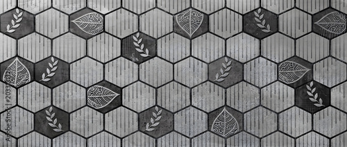 Foto Tile texture shows a contemporary grey porcelain hexagon mosaic surface with bea