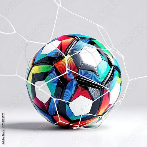 Colorful soccer ball in goal net on gray background