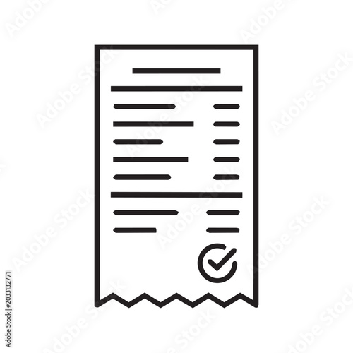 Long paper shopping receipt vector icon with serrated edge and verification checkmark representing retail purchase summary 1:1 aspect ratio 8K ultra quality shopping purchase transaction document