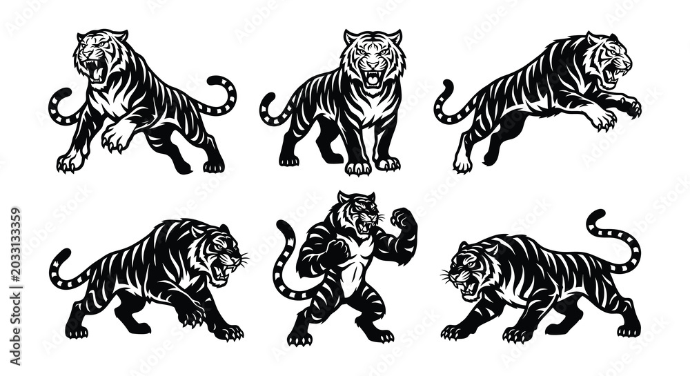 Foto Tiger illustrations black and white vector graphics on a white background