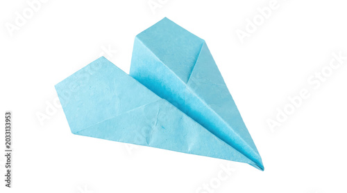 Folded light blue paper airplane flying isolated on transparent background