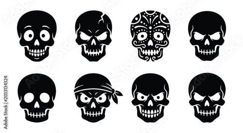Fotografi Collection Of Black Skull Silhouettes On A White Background