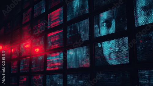 監視モニターに映るディープフェイク人物 サイバー犯罪コンセプト