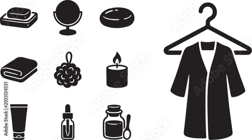 Black and white illustration of bathrobe and accessories