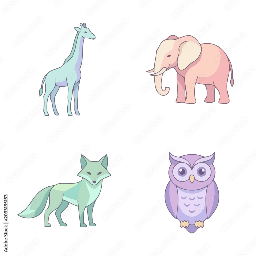 Obraz premium A collection of four stylized pastel colored wild animals on a white background