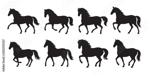 Photos Running horse silhouettes set showing different galloping frames for animation or equestrian sport design art