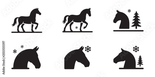 Fotografi Set of six black silhouettes of horses in different poses with winter elements isolated on white background