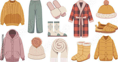Obraz na płótnie Warm autumn and winter seasonal clothes collection with knitted sweater, outerwear jackets, woolen hats, comfortable home slippers, fluffy socks and a warm scarf