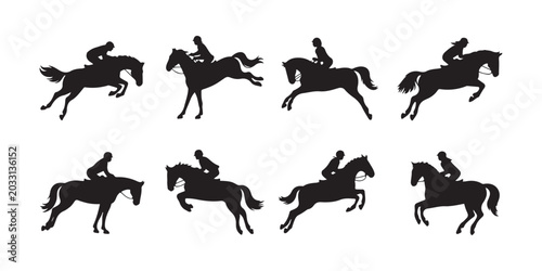 Konstfotografi Riding silhouettes showing horses and riders in various jumping and galloping poses for equestrian projects