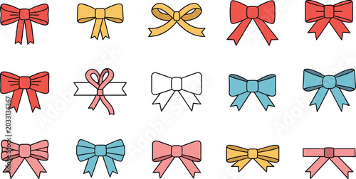Foto Cute Decorative Ribbon Bow Icon Vector Set for Gifts and Events