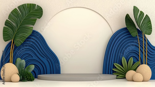 Neutral Podium on Speckled White with Green Plants and Blue Patterns for Display