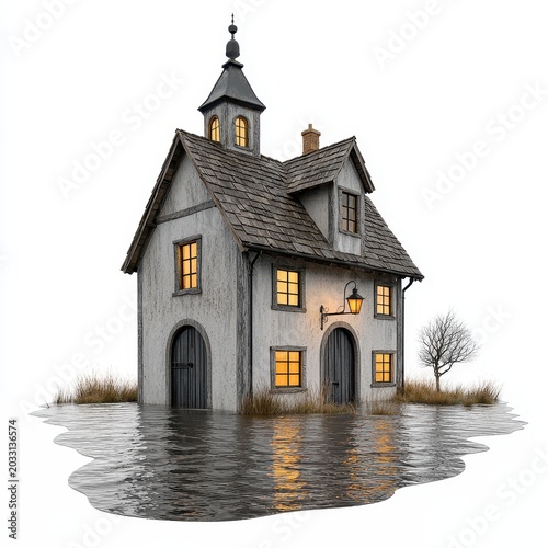 Old Gray Brick House Flooded in Water with Warm Interior Lighting and Reflections