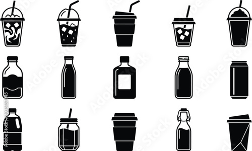 Tableau sur toile Black and white of various drink containers, including bottles and cups beverage