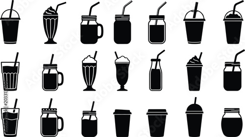 Obraz na płótnie Black silhouettes of 20 different drink cups and glasses with straws and lids, o