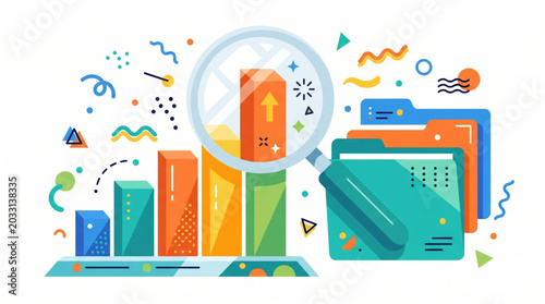 Financial growth and analysis with magnifying glass over bar chart and folders