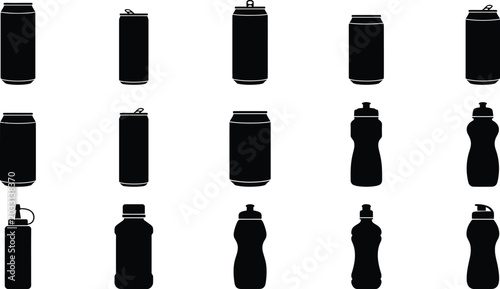 Fotografie Black silhouettes of various beverage containers, including cans and bottles