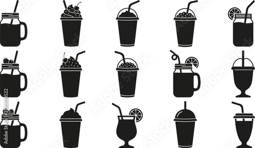 Billede på lærred Black silhouettes of various drinks with straws and garnishes on white backgroun