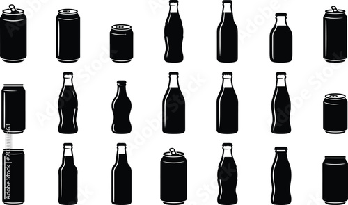 Foto Black silhouettes of various soda bottles and cans on white background