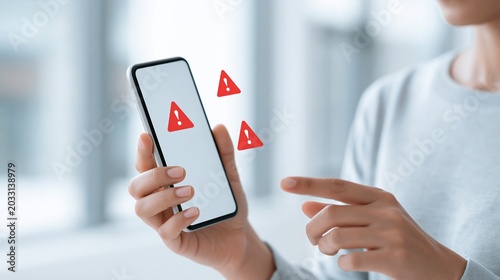 Woman Hand Hold White Smart Phone With Red Warning Exclamation Mark Icons